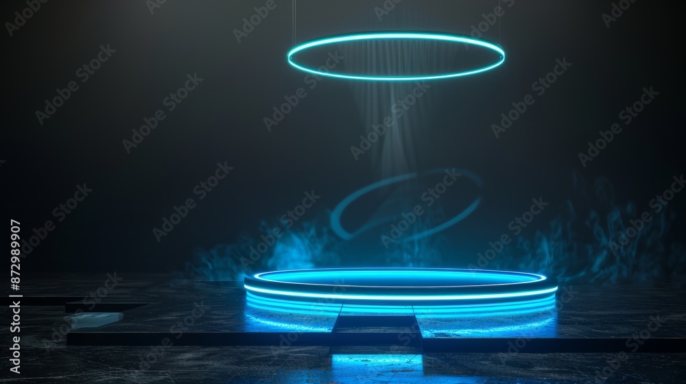 Canvas Prints A 3D rendering of a sci-fi mech pedestal with glowing led futuristic rings and grungy dark fog and cloud background. For display of high tech products, big data, computer hardware, stock, and