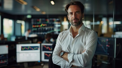 A calm and happy businessman keeps an eye on his stock portfolio. Confident and stoic as he faces the camera with his arms crossed.