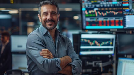 A calm and happy businessman keeps an eye on his stock portfolio. Confident and stoic as he faces the camera with his arms crossed.