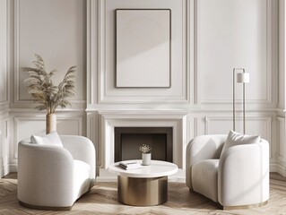 3D visualization of a serene white and beige living room featuring a cozy seating arrangement with four comfortable armchairs and a circular coffee table. A framed canvas mockup hangs elegantly on
