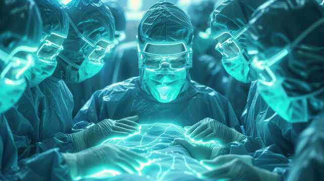 Surgeons in futuristic scrubs performing a high-tech robot-assisted surgery with holographic display.
