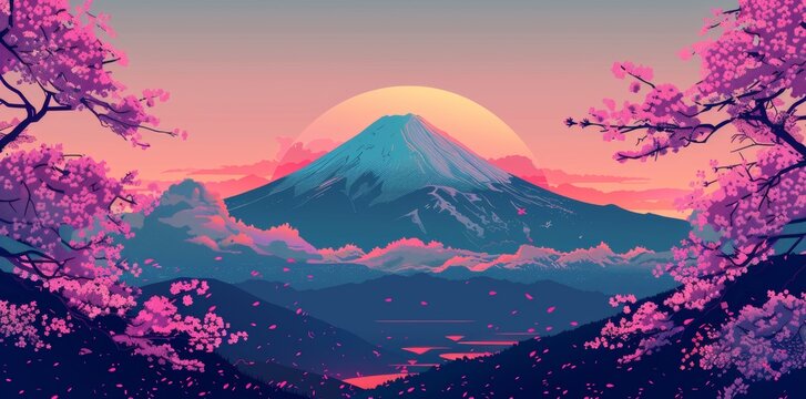 Japanese landscape with fuji yama mountains in vapor wave synth background