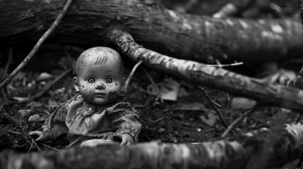 Creepy porcelain doll discarded in the woods with a dark eerie atmosphere