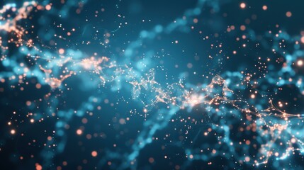 Obraz premium A close-up of cellular structures with glowing particles on a blue background.