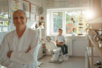 Obraz premium Senior optometrist His father stood proudly in the eyeglass workshop. There was a boy sitting in the back patient's chair and there was a vision chart on the wall.