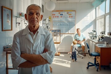 Obraz premium Senior optometrist His father stood proudly in the eyeglass workshop. There was a boy sitting in the back patient's chair and there was a vision chart on the wall.