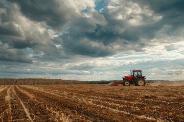 Obraz premium Red Tractor Plowing Field Under Dramatic Sky