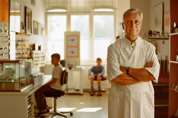 Obraz premium Senior optometrist His father stood proudly in the eyeglass workshop. There was a boy sitting in the back patient's chair and there was a vision chart on the wall.
