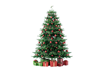A large Christmas tree with red and green ornaments sits on a white background
