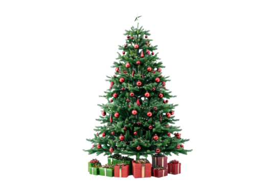 A large Christmas tree with red and green ornaments sits on a white background