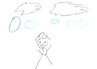 Crayon Kids Hand Drawn Man Under the Rain on White Background. Childs Drawn Pastel Man under the Rain. Cute of Kids Painting Illustration.