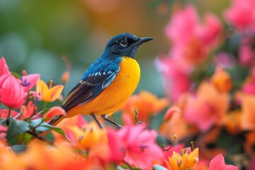 Vibrant Bird Among Colorful Flowers