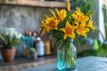 Yellow Lilies in Blue Vase on Table