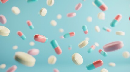 Colorful pills and capsules floating against a light blue background. Concept of medicine, pharmaceuticals, and healthcare.