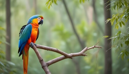 Obraz premium A beautiful colourful parrot is sitting in a tree branch behind it blurred view of forest