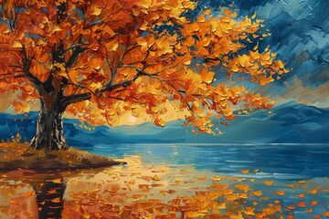 Naklejka premium Autumn Tree by Tranquil Lake