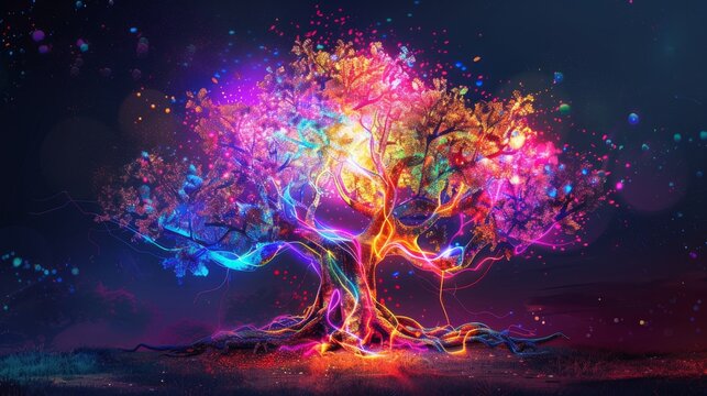 HD 4k Network Light Glowing Laser Motion Bright Abstract Oak Nature Tree Plexus Neon Black Background