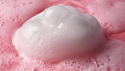 Fototapeta premium Soap foam texture on pink background. Shampoo bubbles. Hygiene, bath and spa care concept.
