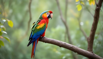 Fototapeta premium A beautiful colourful parrot is sitting in a tree branch behind it blurred view of forest