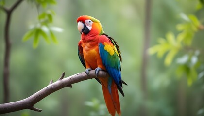 Fototapeta premium A beautiful colourful parrot is sitting in a tree branch behind it blurred view of forest