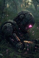 Fototapeta premium Insects cover the remains of the astronaut in a digital art style, illustration painting.