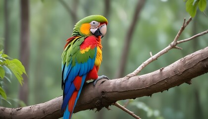Obraz premium A beautiful colourful parrot is sitting in a tree branch behind it blurred view of forest