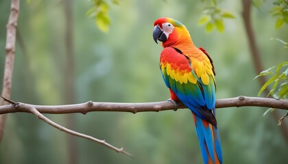 Obraz premium A beautiful colourful parrot is sitting in a tree branch behind it blurred view of forest