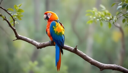 Obraz premium A beautiful colourful parrot is sitting in a tree branch behind it blurred view of forest