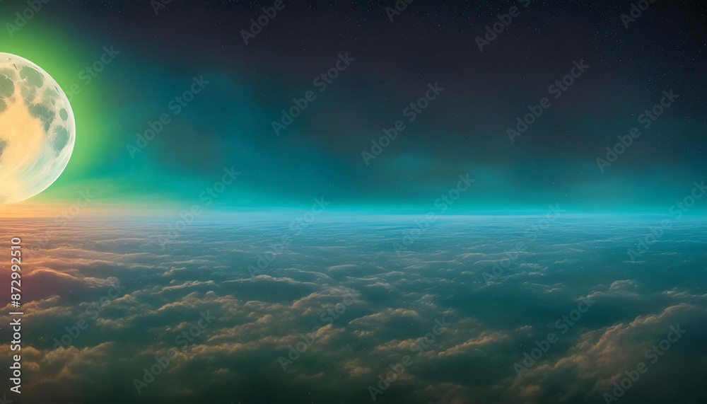 Wall mural the planet revolves around little smoke flying on a dark space, flat lay background with empty place