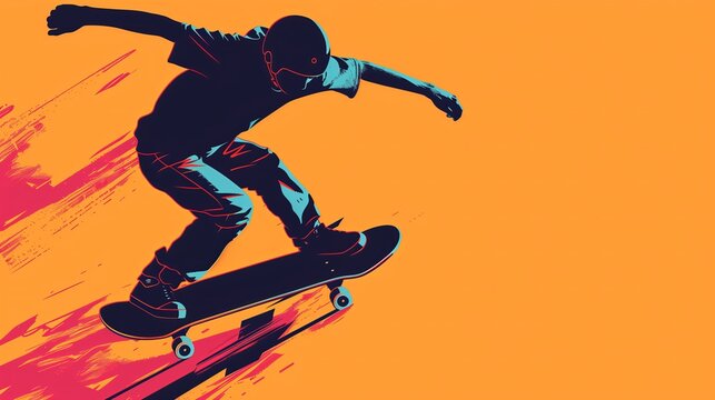 Illustration of skateboarder mid-air trick on orange background. youthful energy and street culture