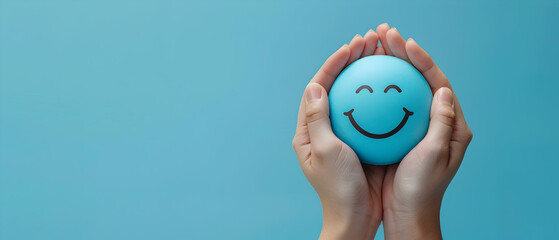 Hands Holding a Blue Smiley Face Stress Ball on a Blue Background, Symbolizing Happiness and Positivity