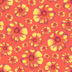 Marigold Flower Seamless Pattern. Hand Drawn Floral Digital Paper on Red Background.