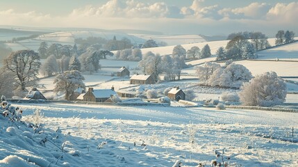 Winter Wonderland: Serene Snow-Covered Village in the Countryside with Rolling Hills in the Distance