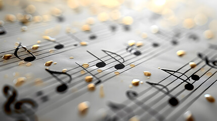 Close-Up of Musical Notes on Sheet Music with Golden Highlights and Bokeh Effect