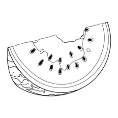 Watermelon rind line art. Bitten watermelon slice with rind and flesh with black seeds. Hand drawn Trendy doodle style black and white coloring page. Organic waste. Vector illustration