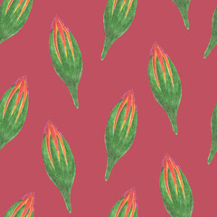 Marigold Flower Bud Seamless Pattern. Floral Bud Digital Paper on Red Background.
