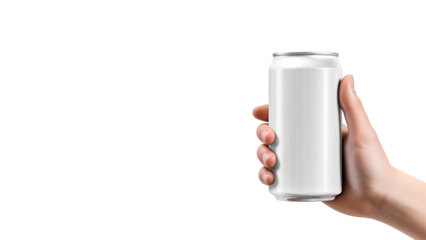 Hand holding metal can mockup on transparent background