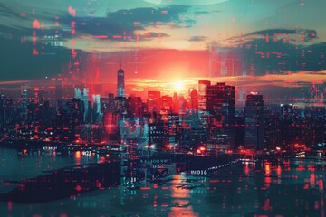 Digital sunset over futuristic cityscape