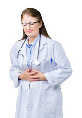 Fototapeta premium Middle age mature doctor woman wearing medical coat over isolated background with hand on stomach because nausea, painful disease feeling unwell. Ache concept.
