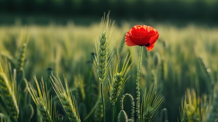 Serene Beauty of a Lone Red Poppy in Verdant Wheat Field