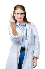 Middle age mature doctor woman wearing medical coat over isolated background Showing middle finger,...