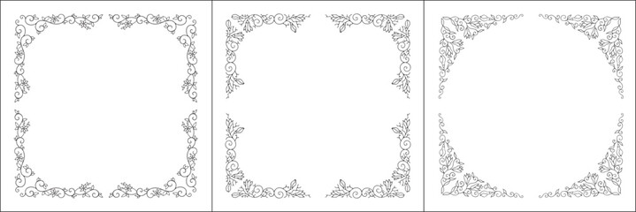Set of three round vegetal vector frames with flowers and leaves. Black and white. Vector frame for all sizes and formats. Isolated vector illustration.	