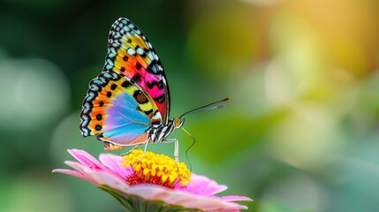 Obraz premium Vibrant Butterfly Perched on Pink Flower with Softly Blurred Green Background