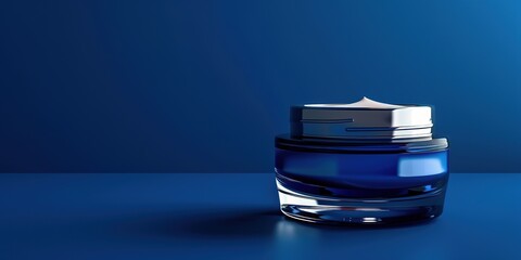 Elegant blue skincare jar on dark blue backdrop with copy space.