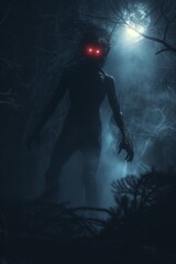 Obraz premium In the dark forest, a horror unfolds, where evil spirits lurk, shrouded in mist and shadow.