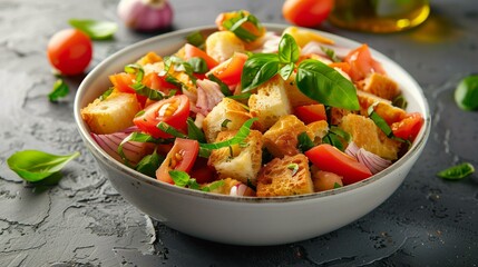 Bowl panzanella salad with tomatoes onions basil bread, quick easy rustic healthy