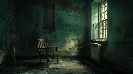 Abandoned Room with Barred Window, Crumbling Walls, and a Broken Chair, A Haunting Reminder of the Past