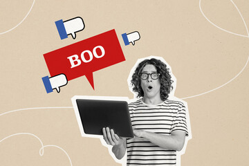 Composite photo collage of astonished man boo laptop notification blog thumb down unpopular unlucky...