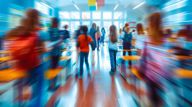 Salle de classe en activit&eacute; avec flou de mouvement