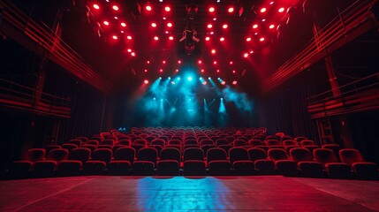 Empty theater with red velvet seats stage with bright lights, interior auditorium design architecture